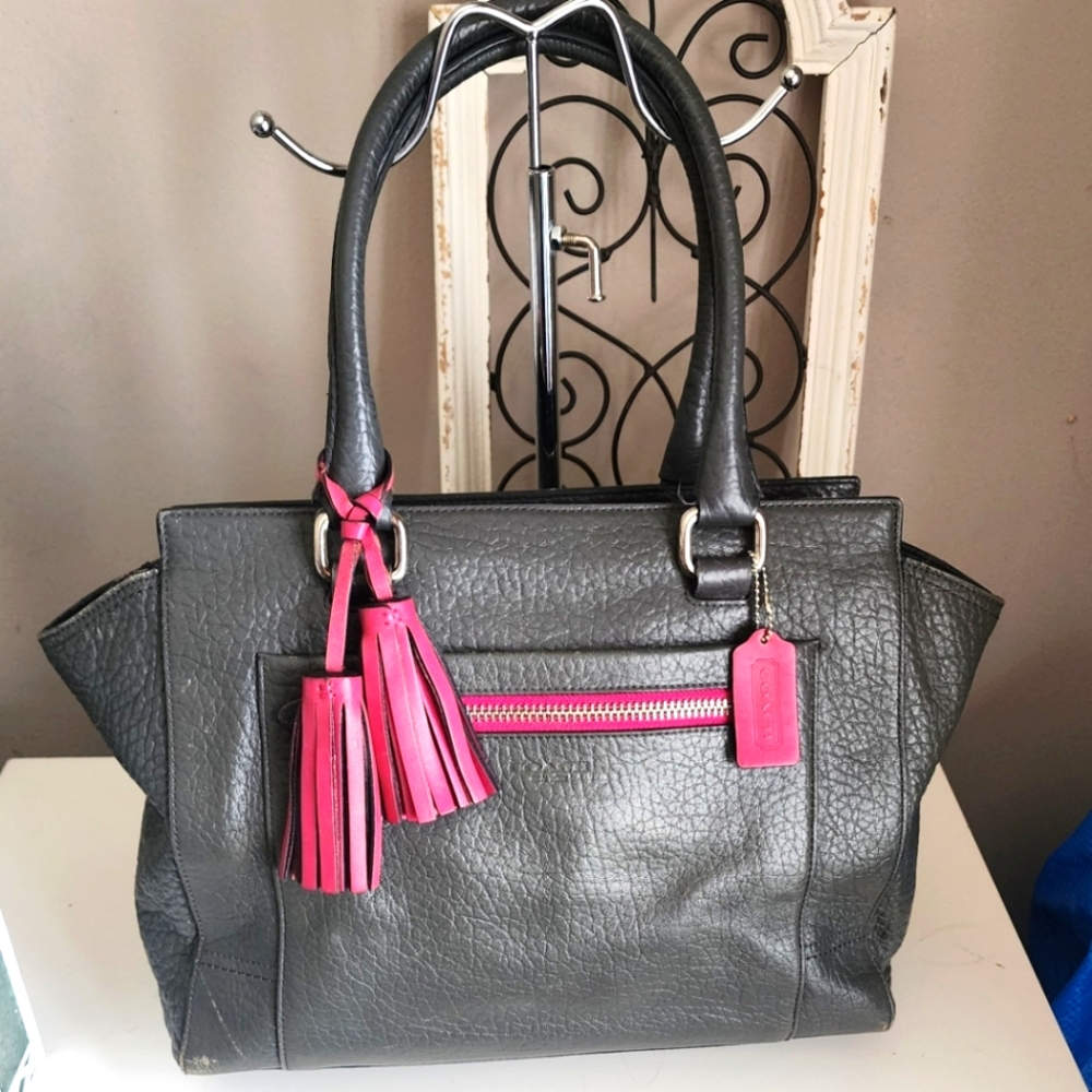 Coach Legacy Elegant Gray Leather Tote Bag with Pink Accents